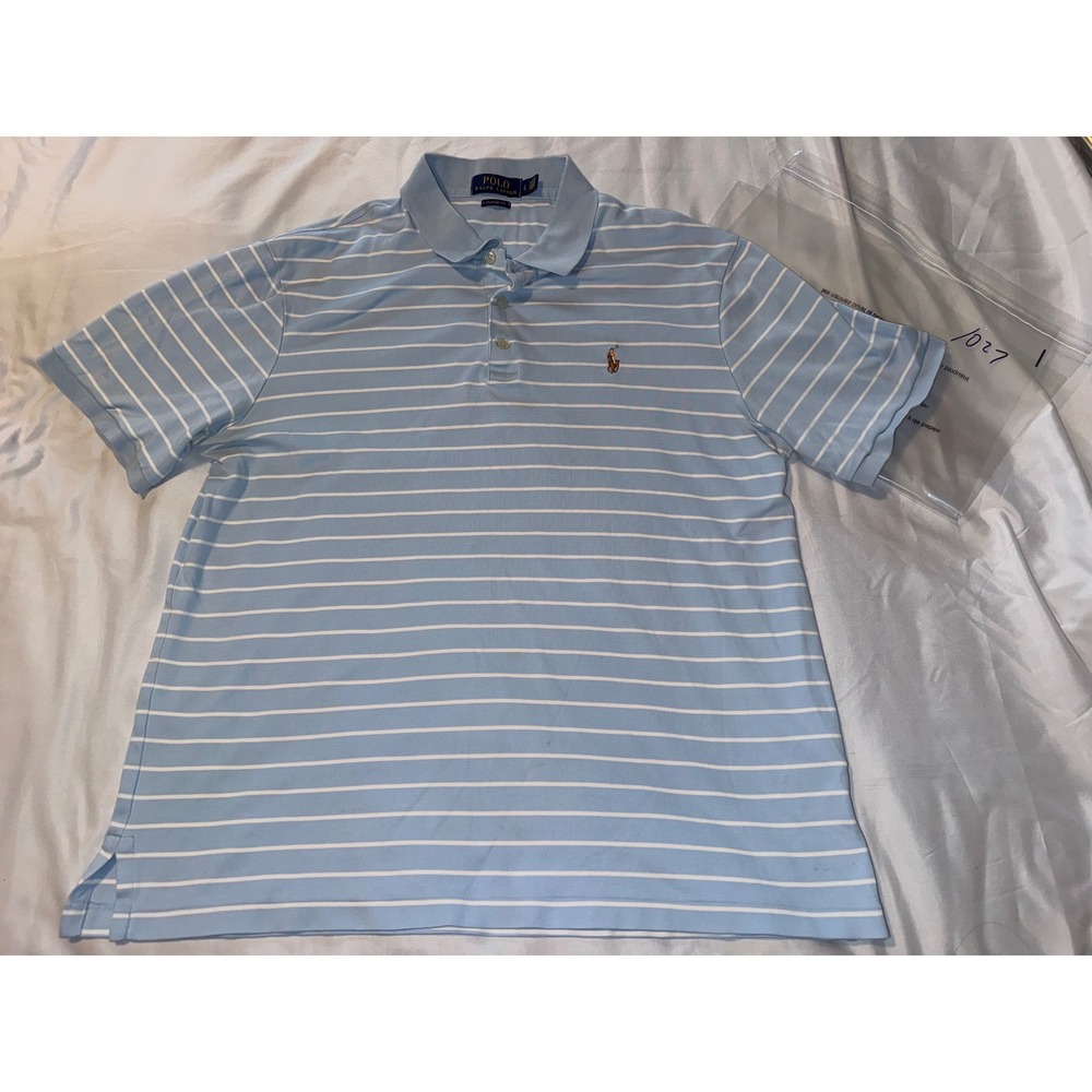 Polo Ralph Lauren Mens Large Classic Fit Light Blue White Striped Polo Shirt